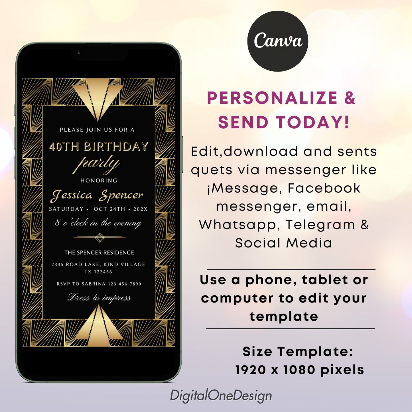 Editable Art Deco Invite in Gold & Black