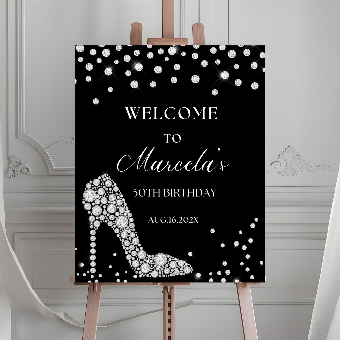 Elegant High Heel & Diamond Birthday Welcome Sign