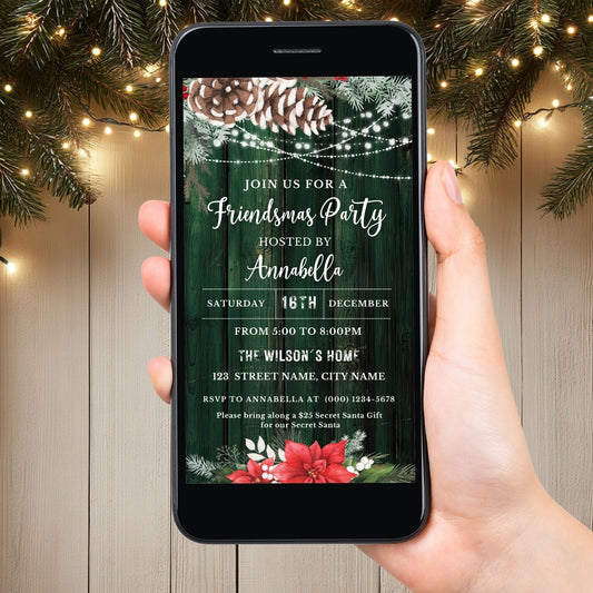 Floral Christmas party invitation on the screen, surrounded by festive decorations.