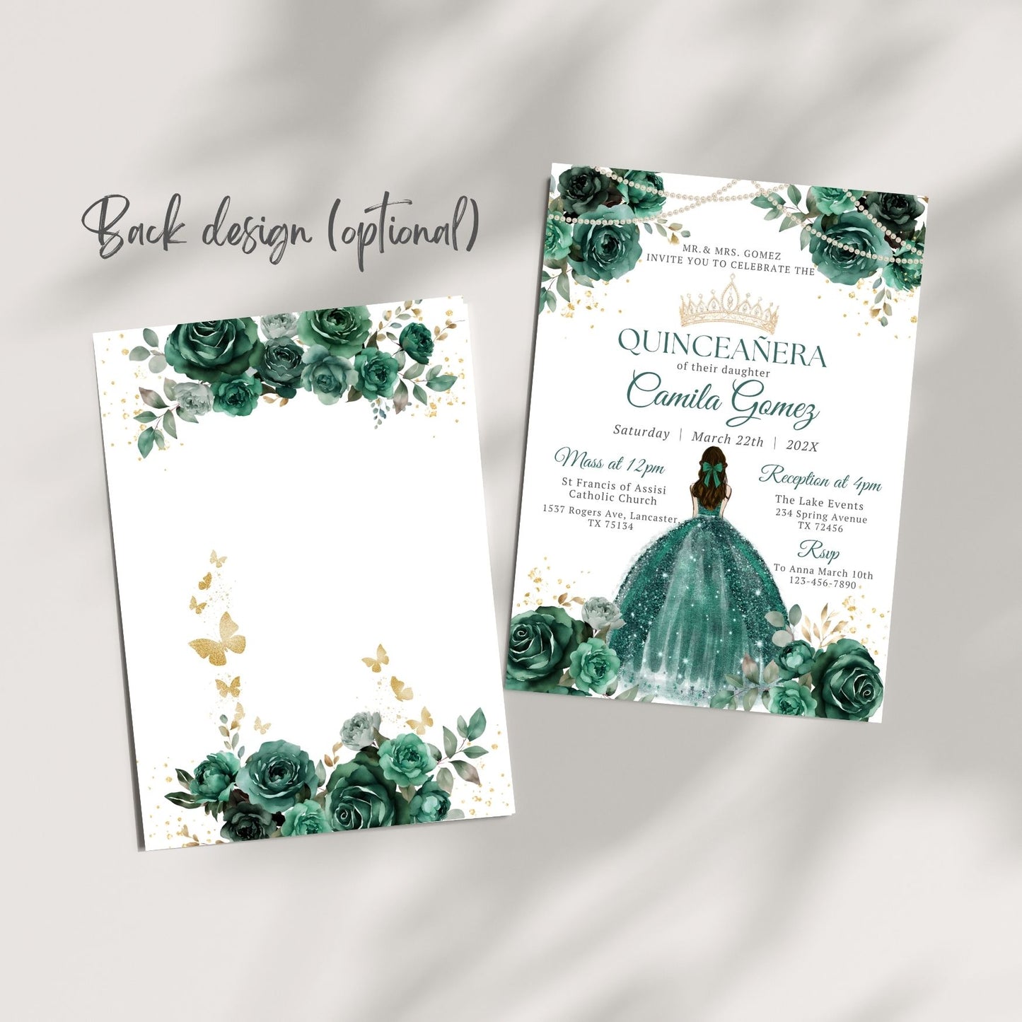 Quinceanera invitation with green floral and pearls design on a gray background