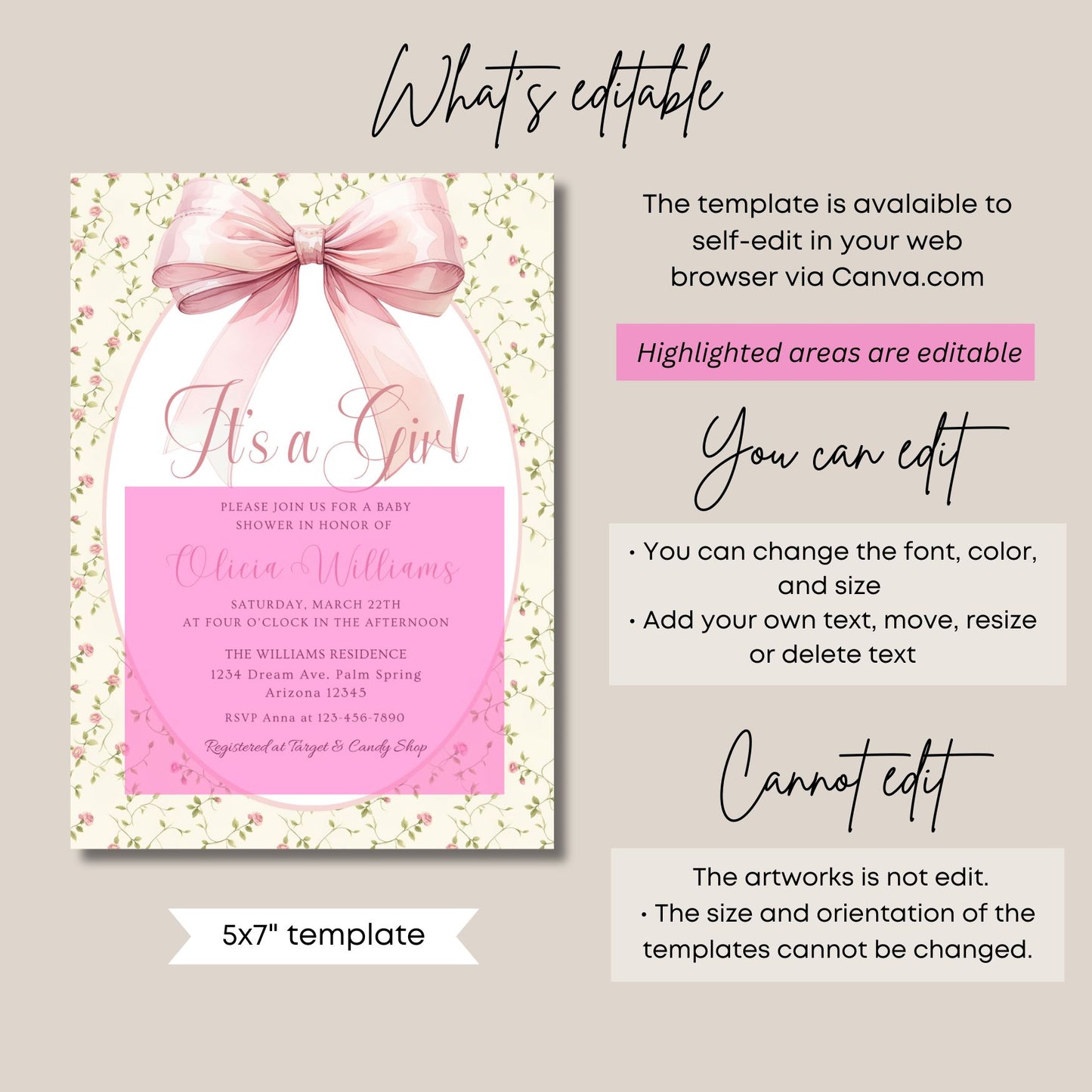 Baby shower invitation template with pink bow and text, featuring editable elements on a beige background.