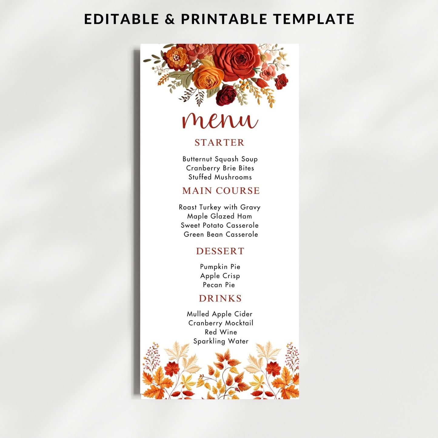 Menu template with autumnal Floral design on a white background