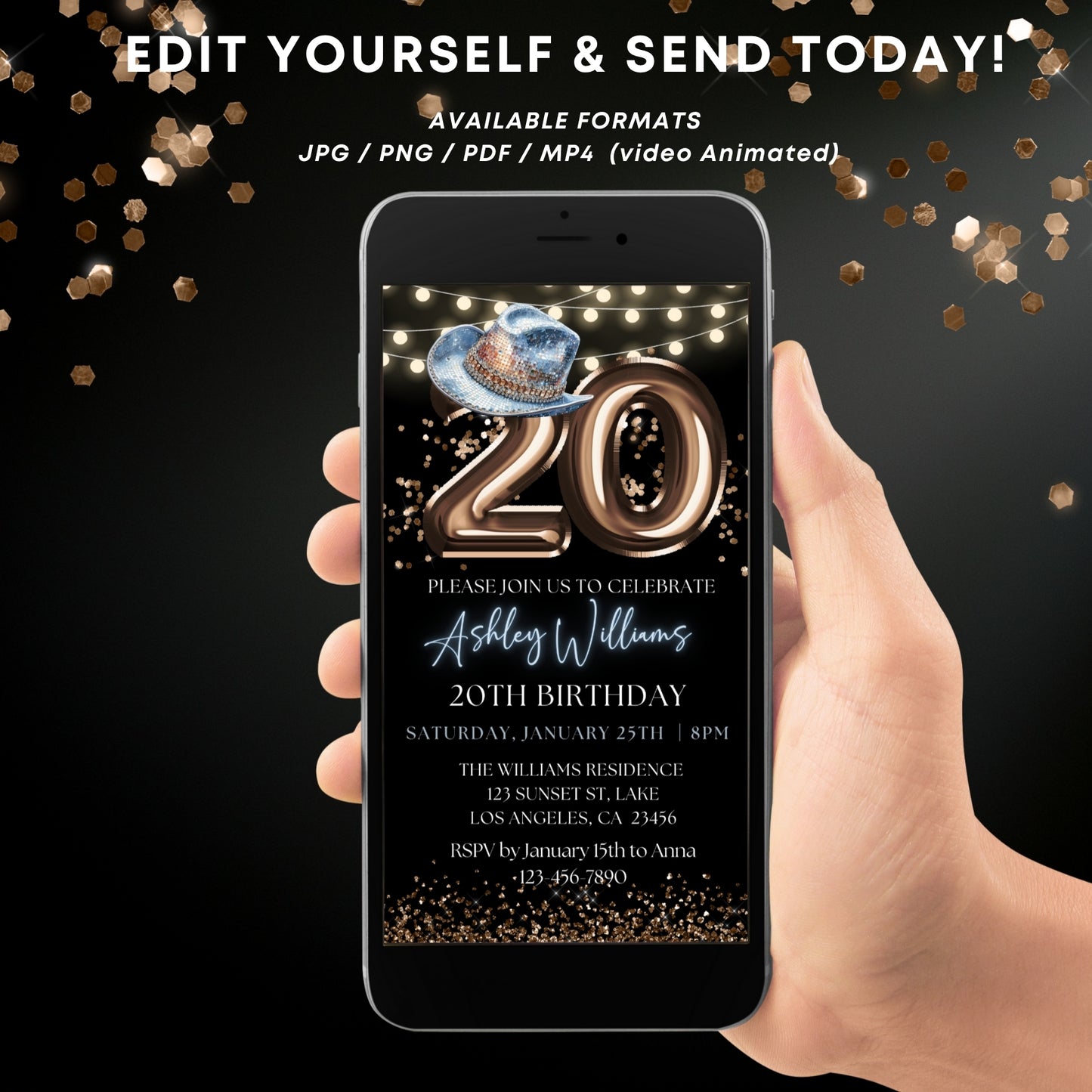 Western Blue Hat & Bronze 20th Birthday Digital Invite