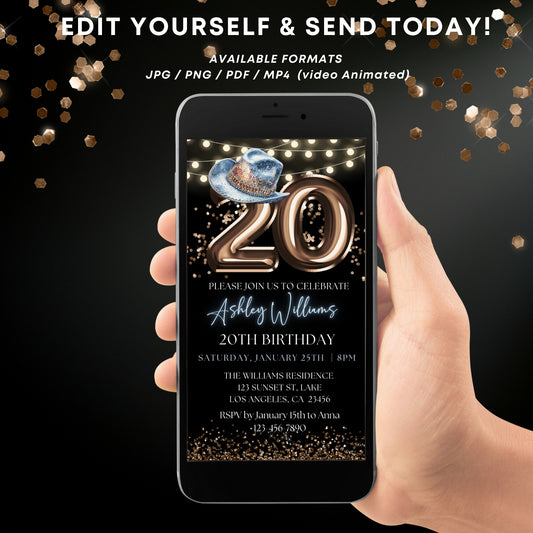 Western Blue Hat & Bronze 20th Birthday Digital Invite