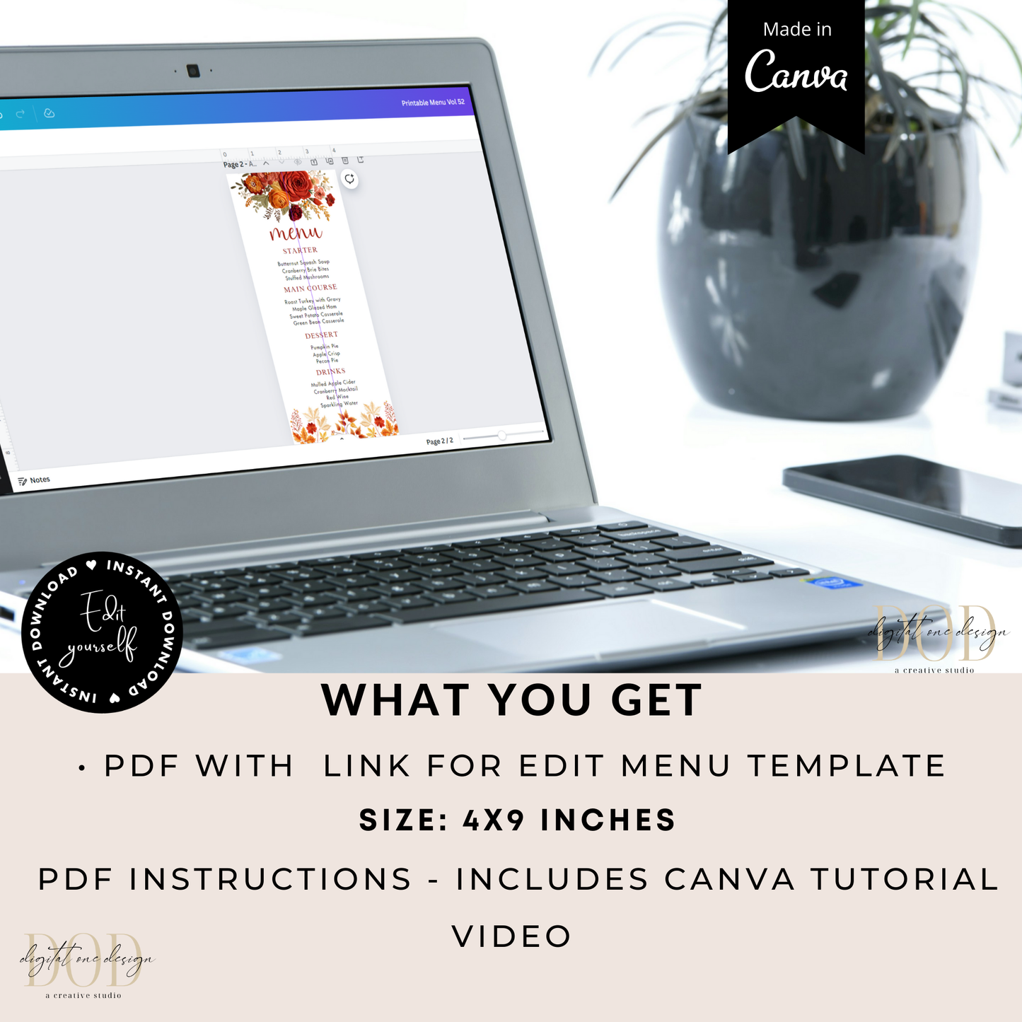 Laptop displaying a menu template with a plant and phone in the background, featuring Canva branding.