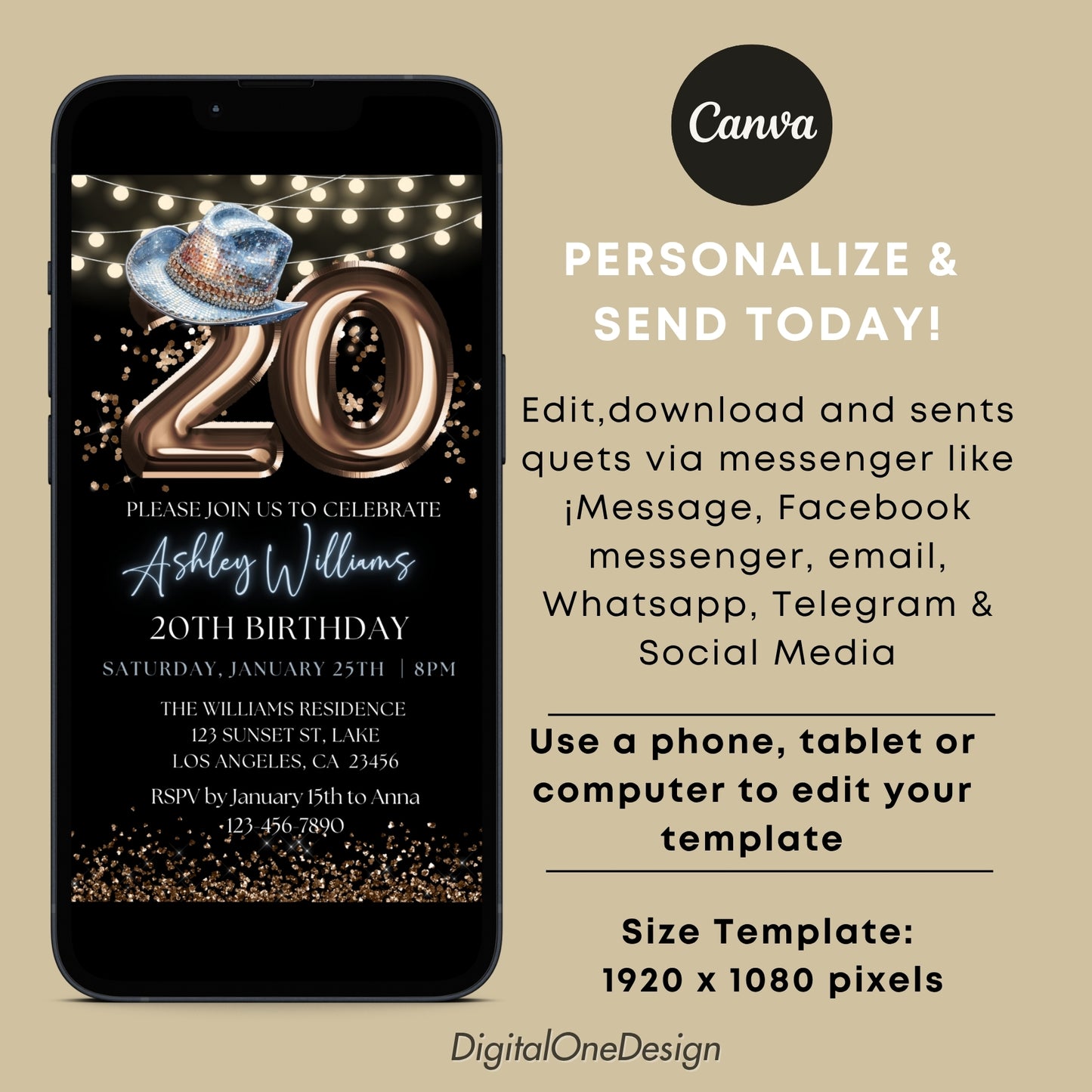 Western Blue Hat & Bronze 20th Birthday Digital Invite