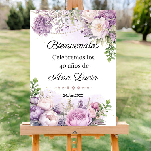 Elegant Spanish Welcome Sign with Purple Florals & Pearls