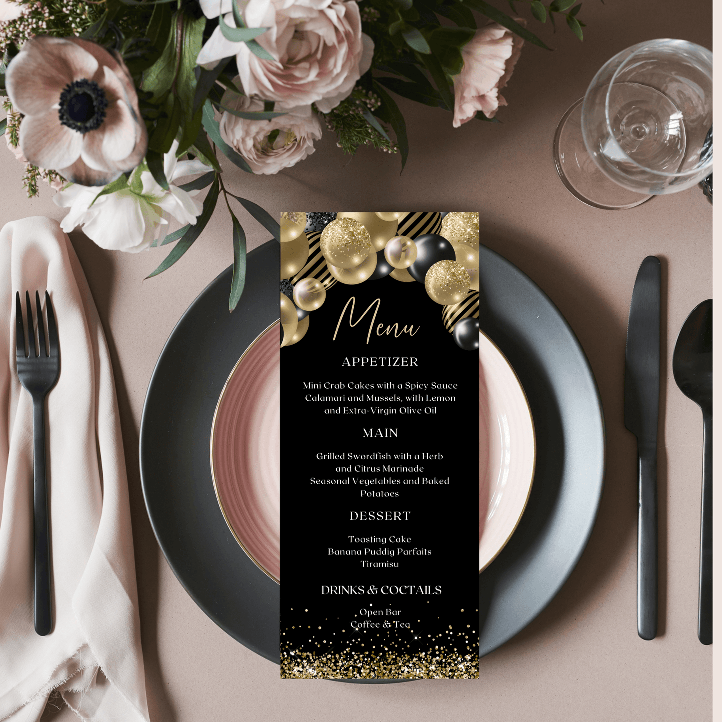 Editable Dinner Party Menu Template, Black & Gold Balloons Theme, Printable Menu Card for Graduation, Birthday, or Celebration