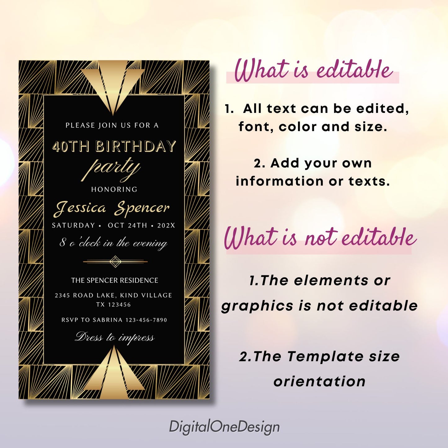 Editable Art Deco Invite in Gold & Black