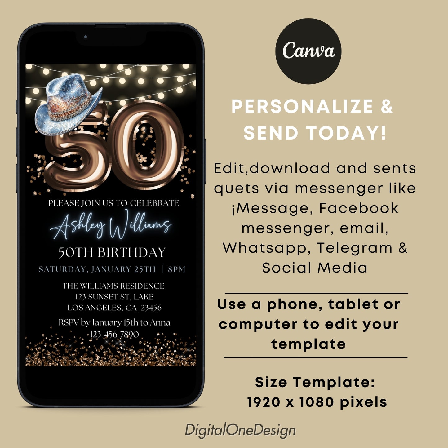 Digital Rodeo Western 50th Birthday Party Invitation