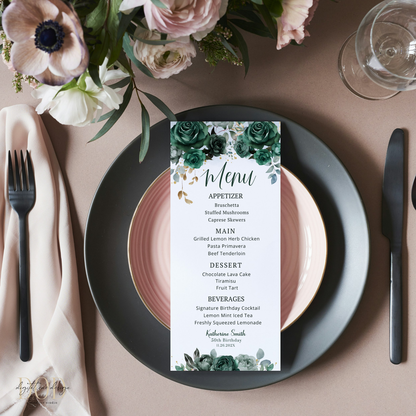 Emerald Green Floral Menu Card Template
