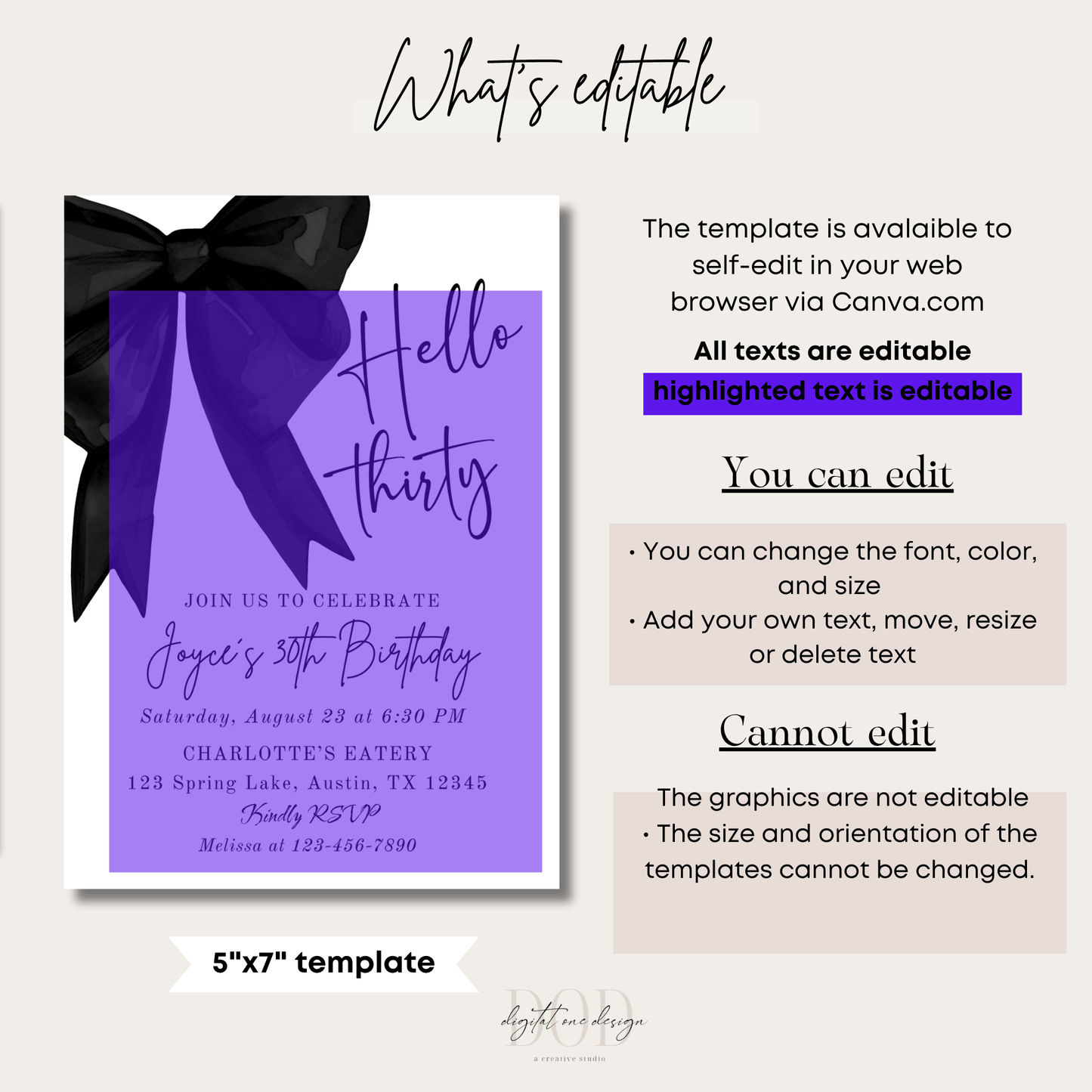 Editable 5x7 Hello Thirty birthday invitation template with elegant black bow and details for customization.