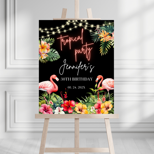 Vibrant Tropical Flamingo Party Welcome sign