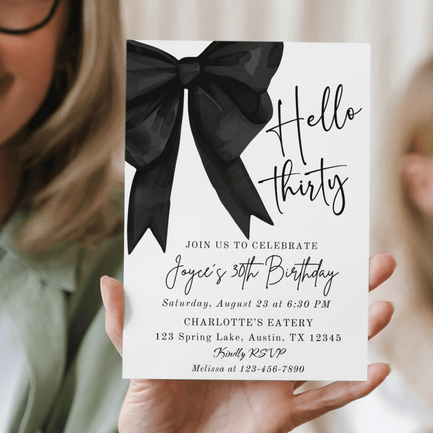Elegant black bow birthday invitation for a Hello Thirty celebration featuring minimalist design.