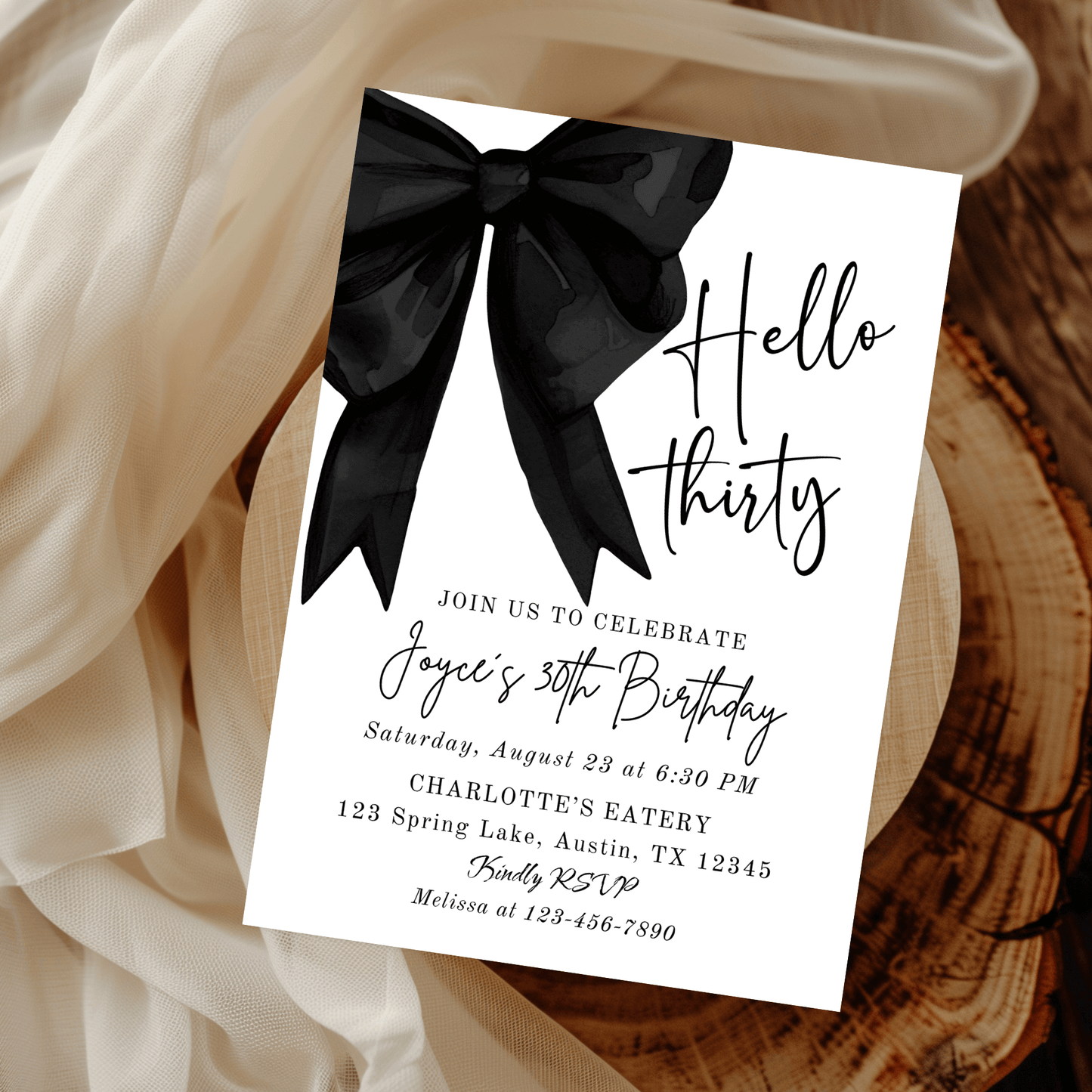 Elegant black bow birthday invitation for a Hello Thirty celebration, stylishly designed for a memorable milestone.