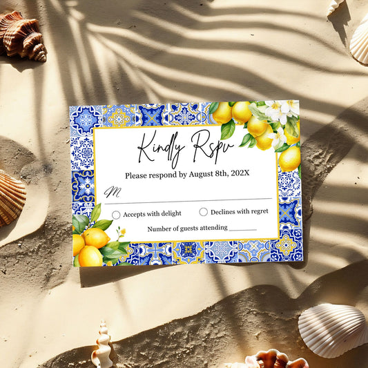 Response card with Blue tile and lemon design on a sandy background