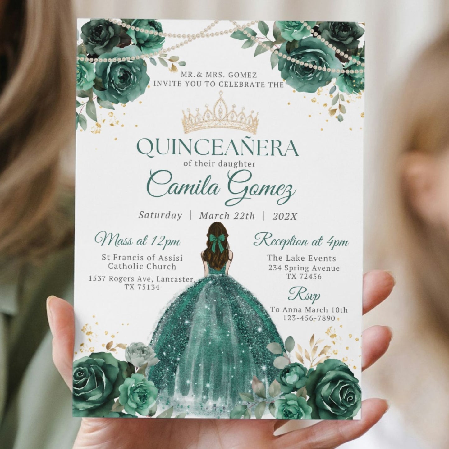 Quinceanera invitation with Green Emerald roses and pearls a dress design held by two people.