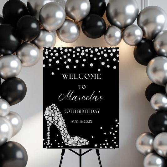 Elegant High Heel & Diamond Birthday Welcome Sign
