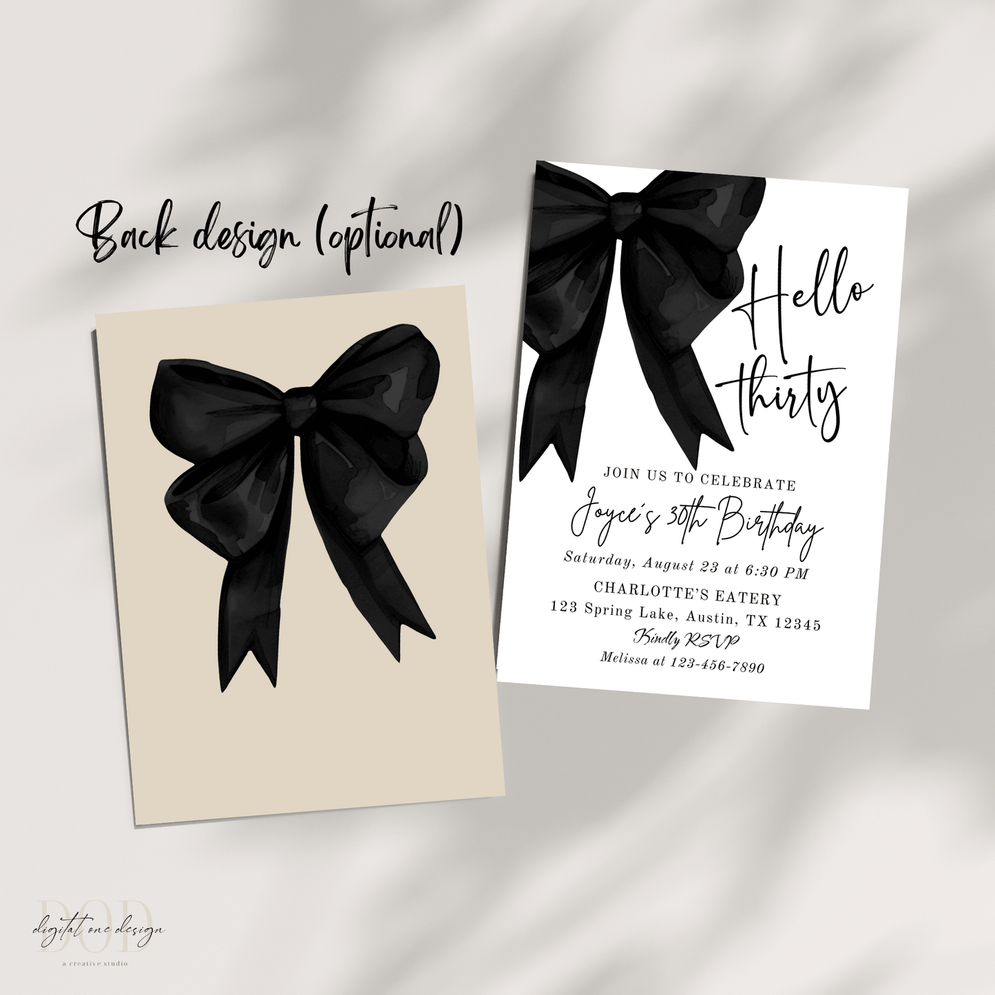 Elegant black bow birthday party invitation for Hello Thirty with optional back design.