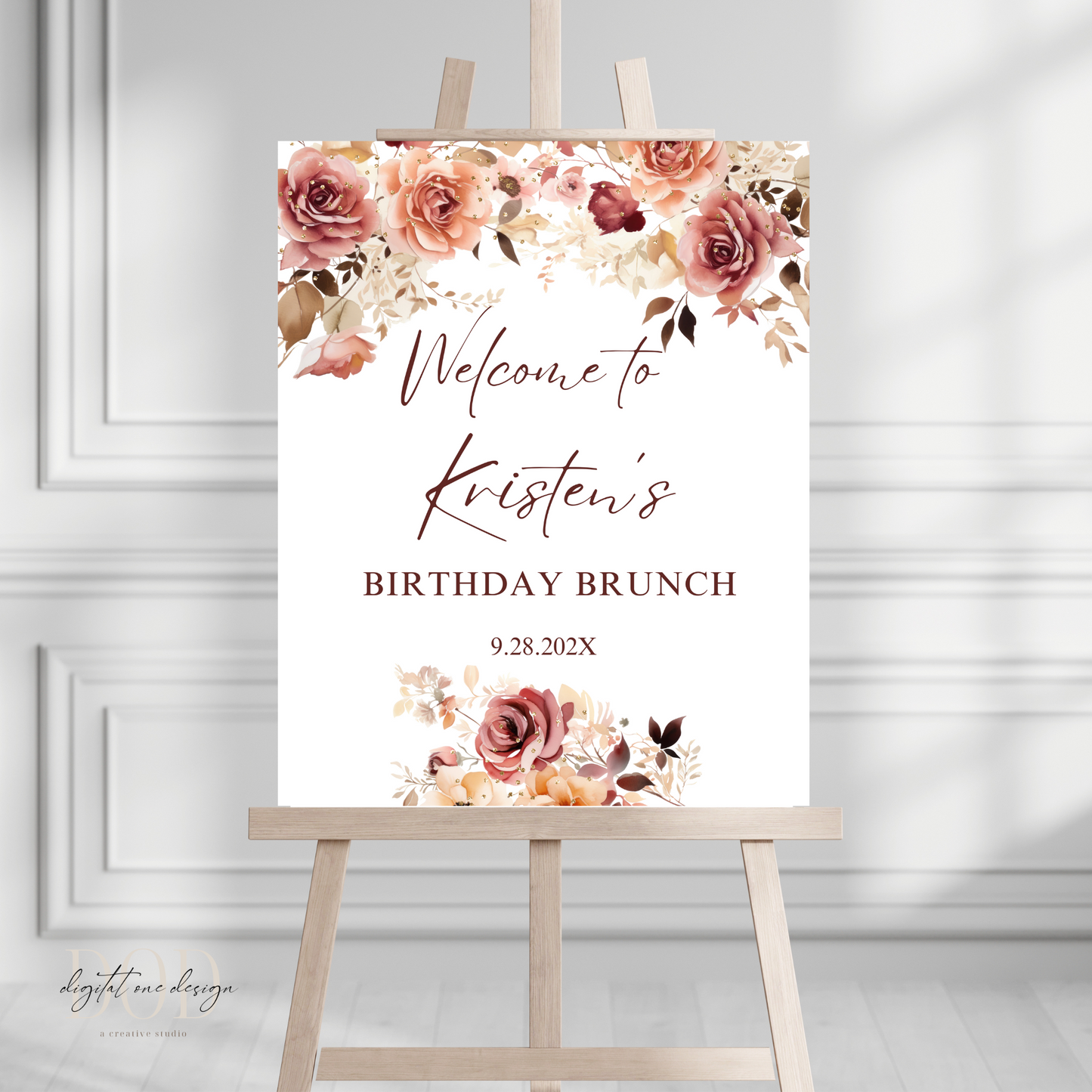Editable Fall Floral Birthday Welcome Sign with autumn flowers, welcoming guests to a birthday brunch event.