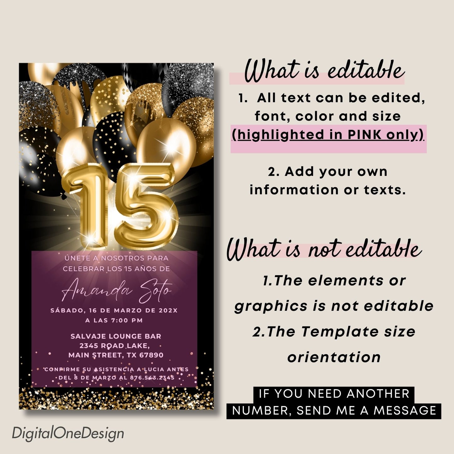 Editable Black and gold 15th Birthday Invite template