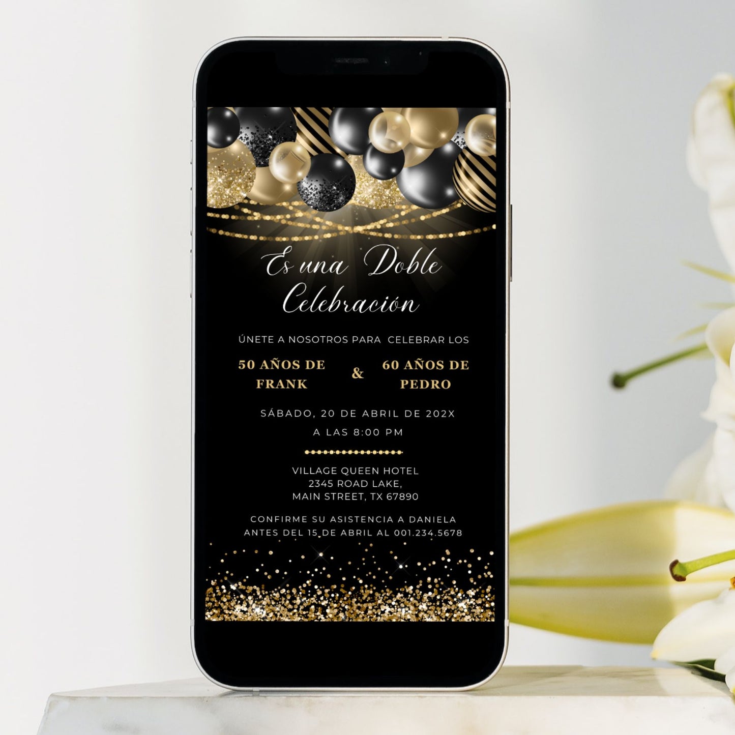 Black Gold Spanish Double Birthday Invitation
