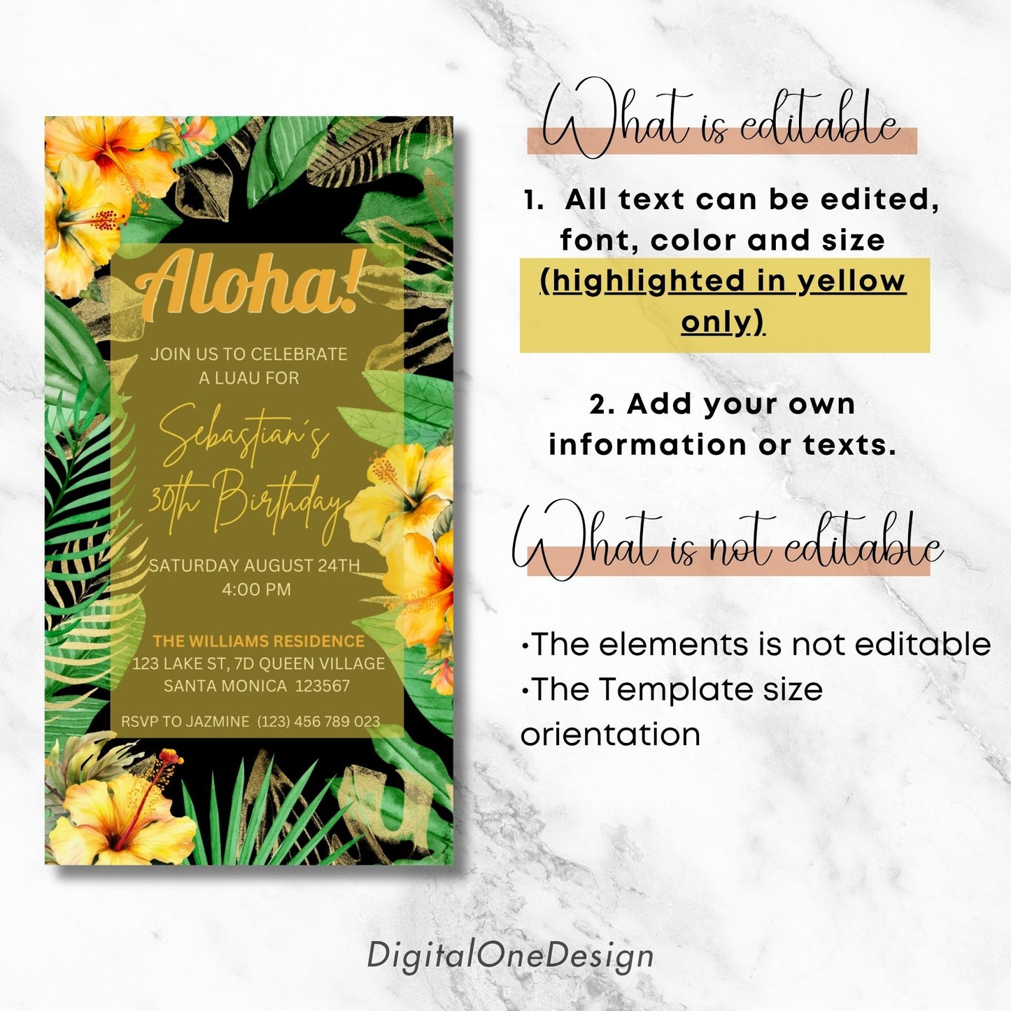 Aloha Birthday Party Invitation featuring tropical palm leaves and yellow hibiscus flowers, perfect for a summer luau.