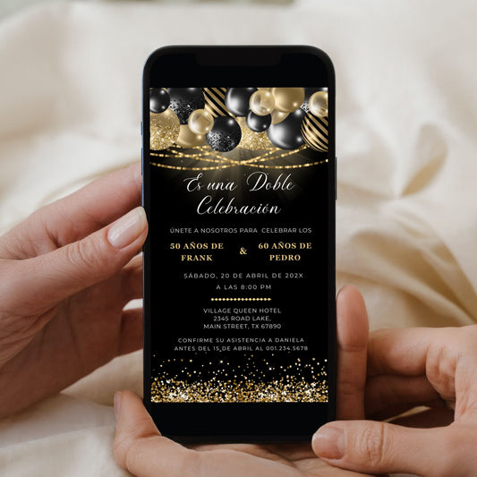 Black Gold Spanish Double Birthday Invitation