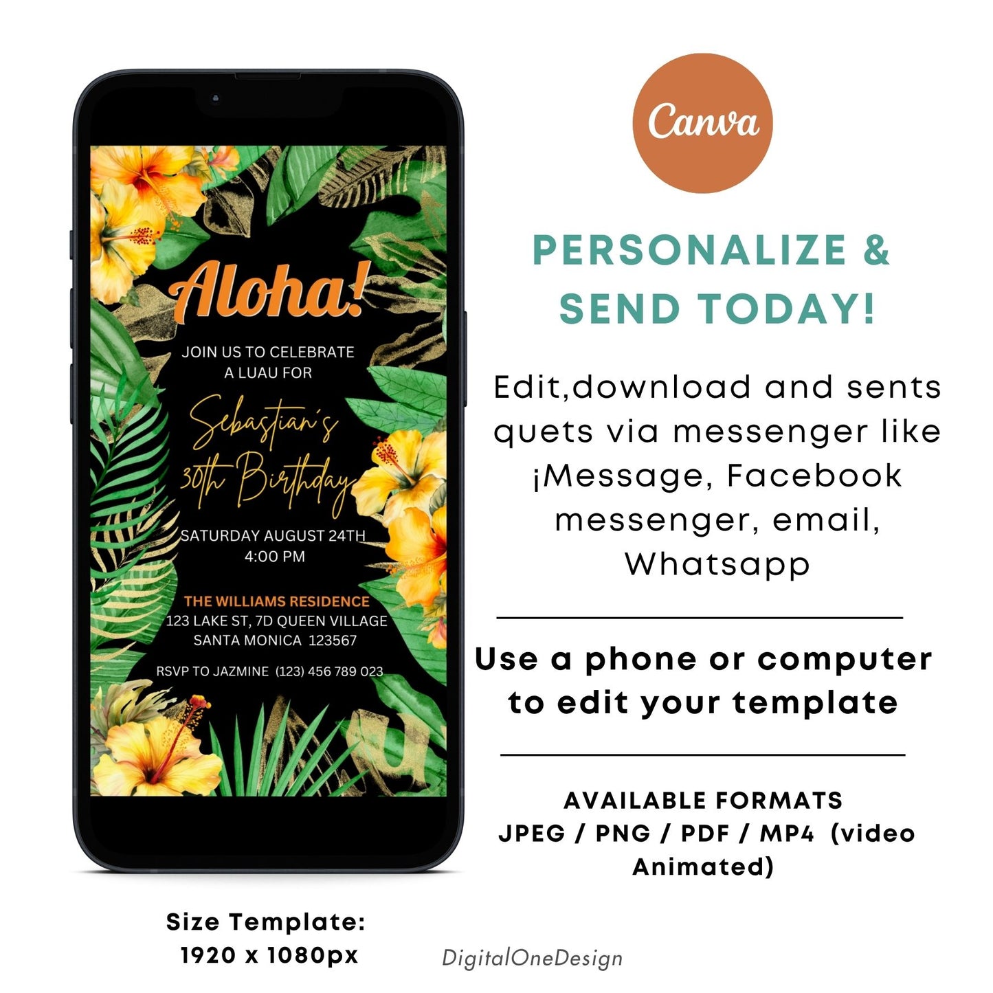 Aloha Birthday Party Invitation featuring palm leaves and yellow hibiscus, ideal for a tropical luau celebration.