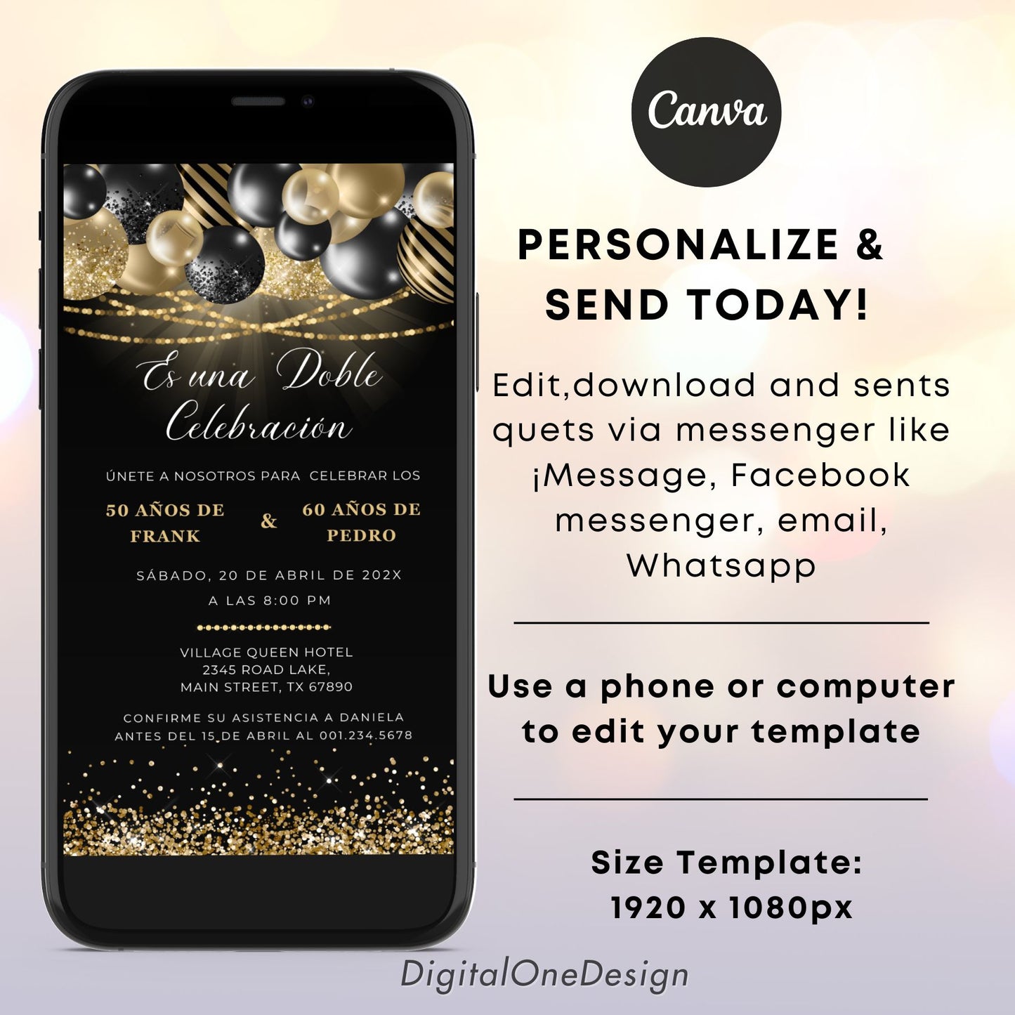 Black Gold Spanish Double Birthday Invitation