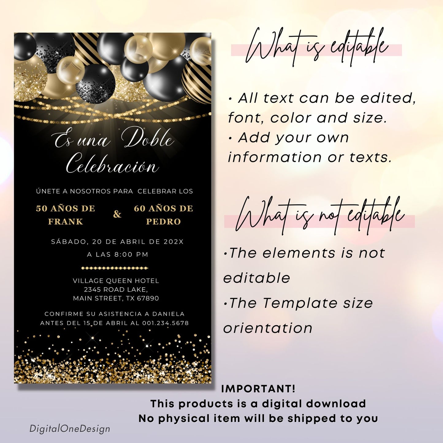Black Gold Spanish Double Birthday Invitation