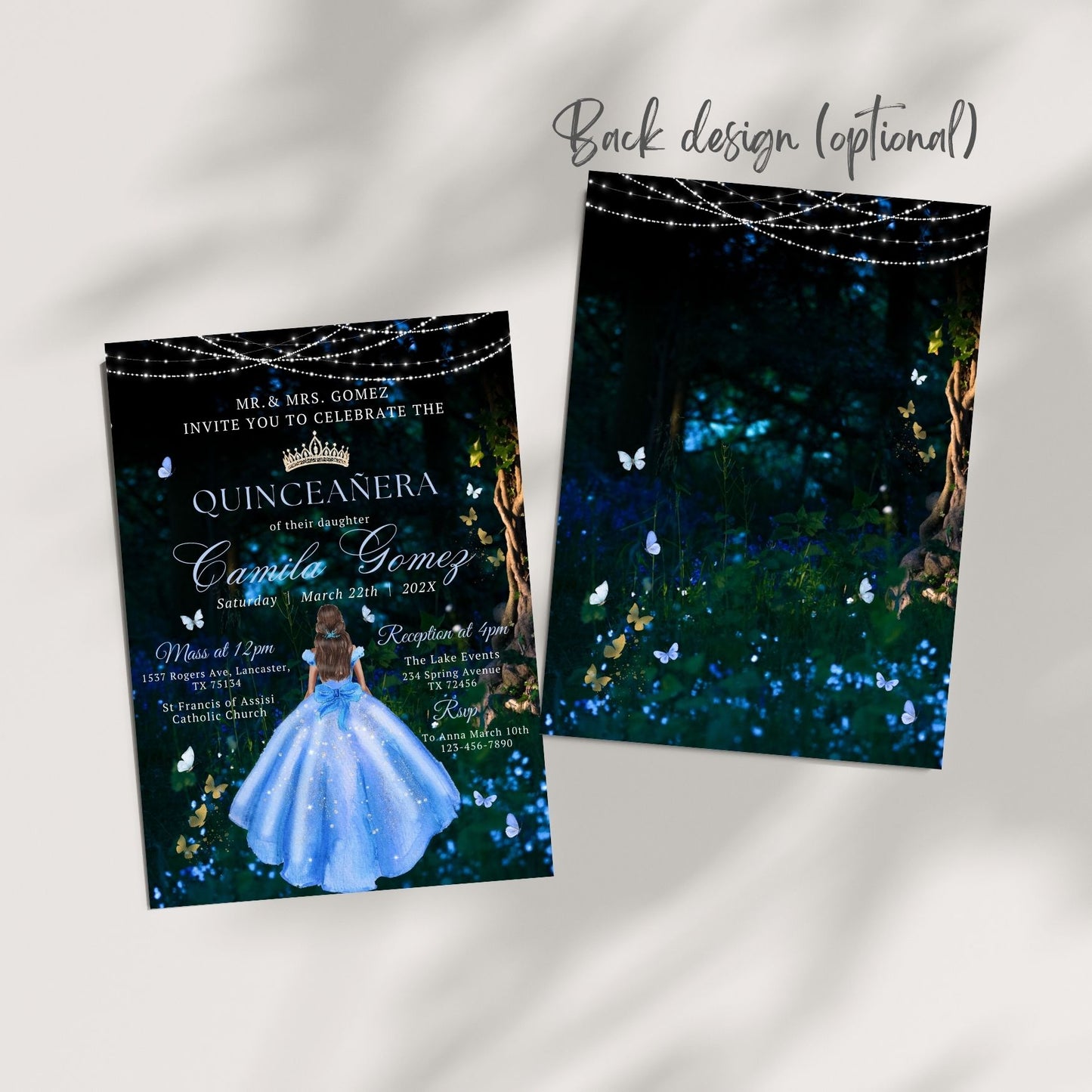 Quinceanera invitation with fairy tale design on a dark background