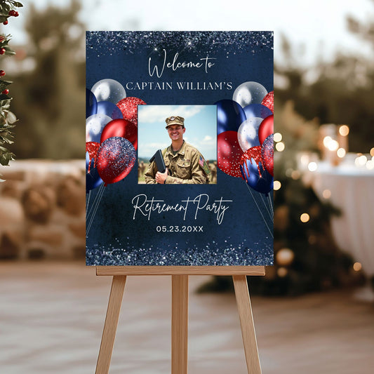 Editable Navy Red Retirement Party Welcome Sign Template