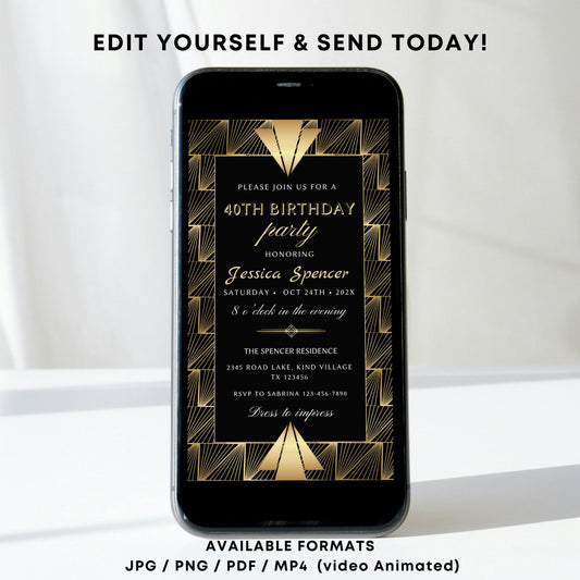 Editable Art Deco Invite in Gold & Black