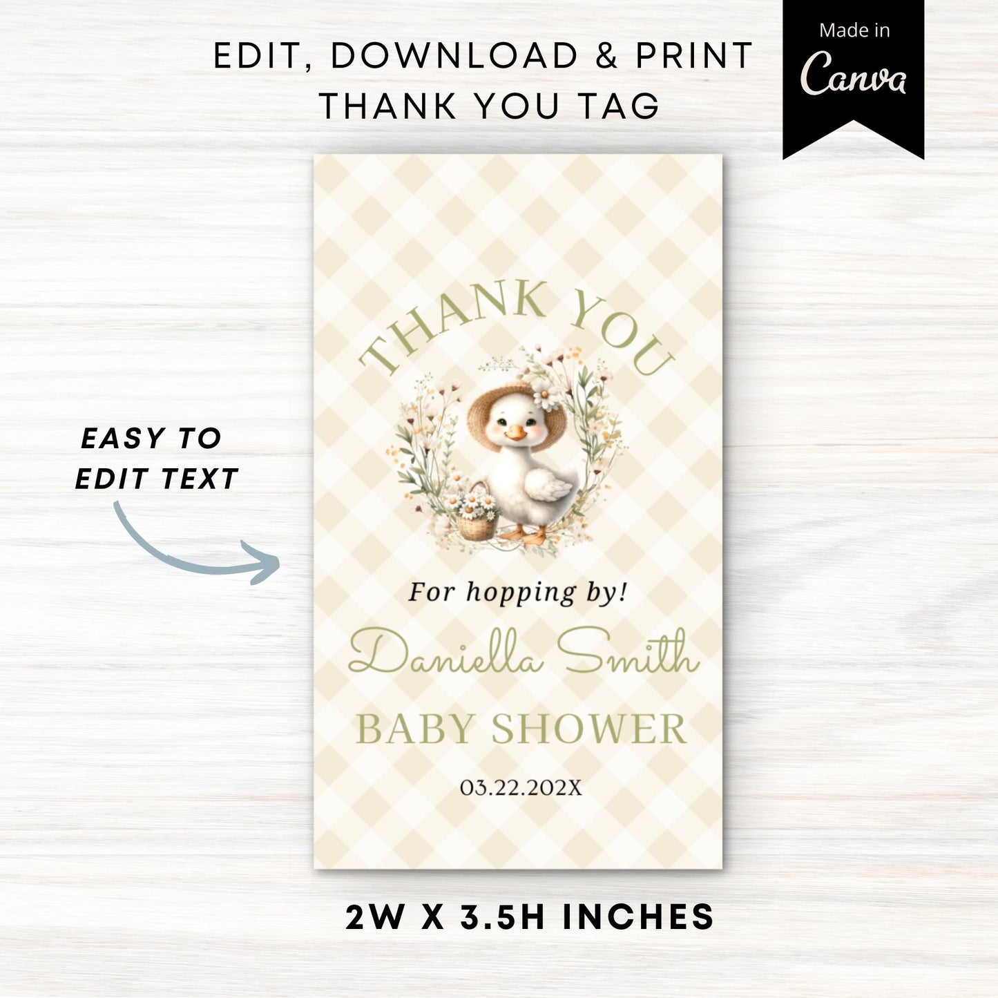 Baby shower thank you tag with a little goose design on a white background