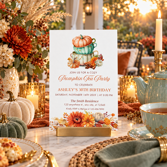 Autumn Pumpkin Tea Party Birthday Invite Floral Tea Cups with cozy decoration and tea set in autumn setting.