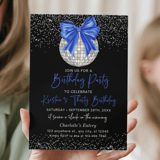 Royal Blue Bow Disco Party Invitation