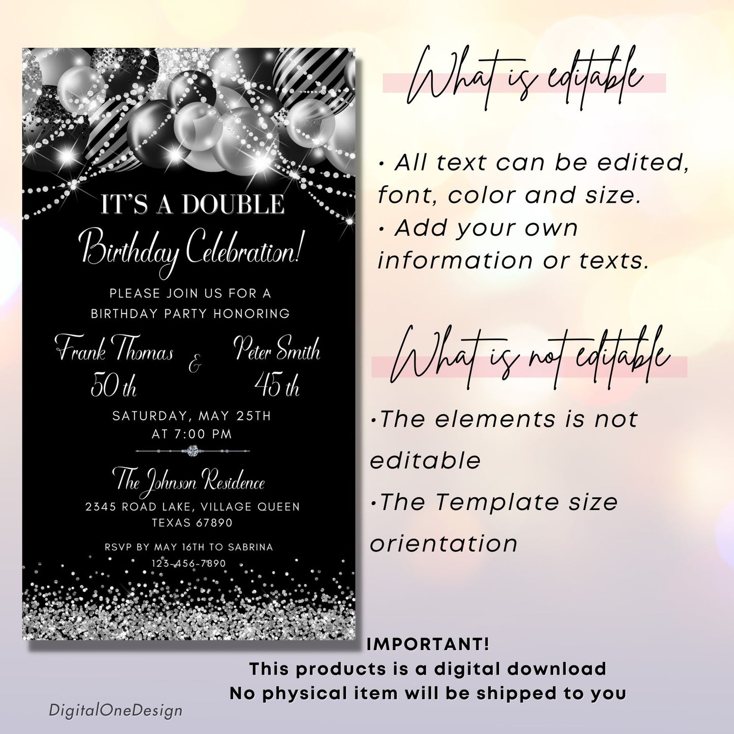 Double Birthday Celebration Invite Silver Glitter Balloons