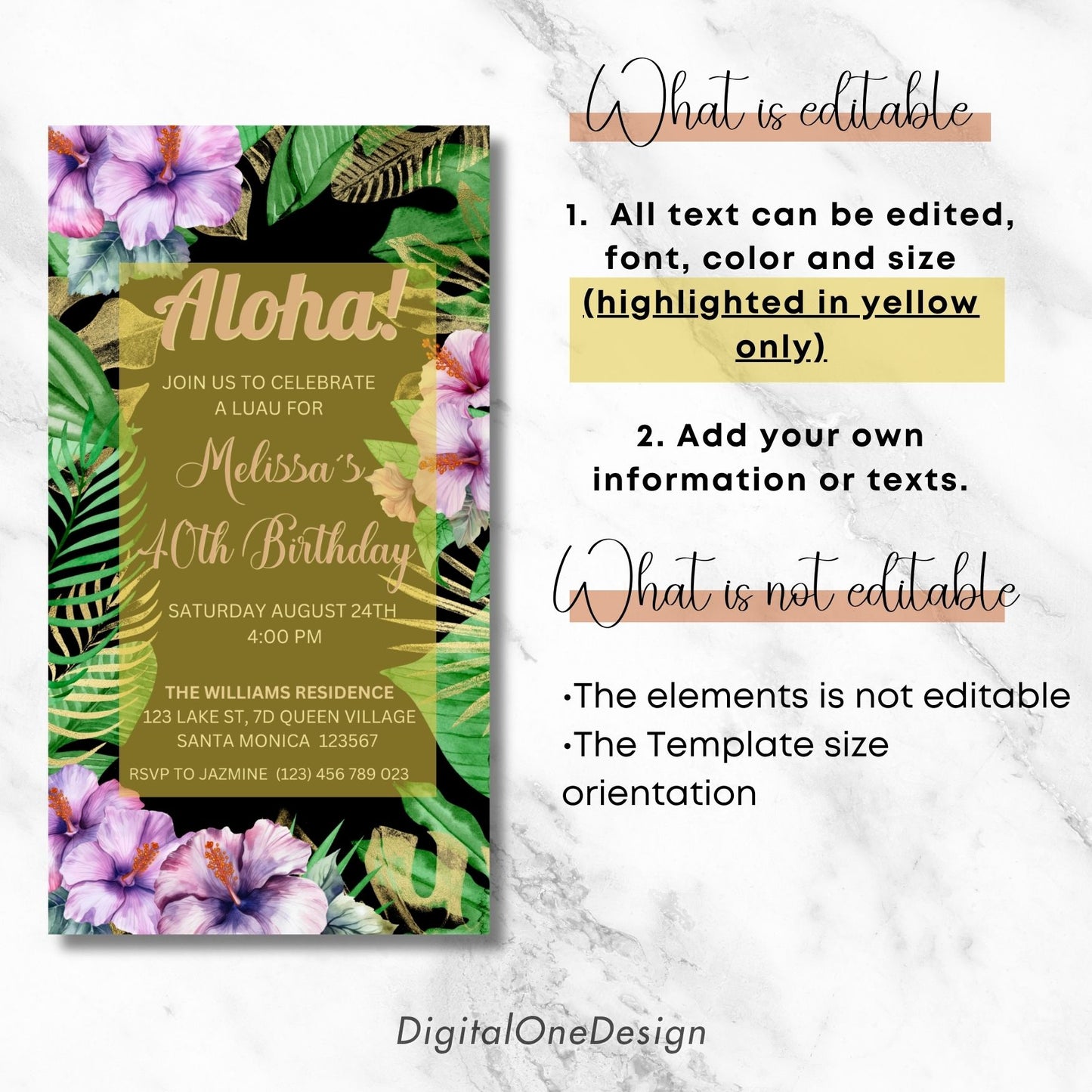Aloha Birthday Invitation with purple floral hibiscus and palm leaves for a tropical Luau party, editable text details.
