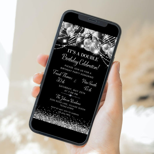 Double Birthday Celebration Invite Silver Glitter Balloons