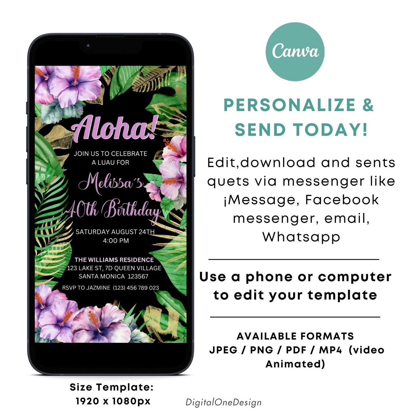 Electronic Aloha Birthday Invitation, featuring purple hibiscus and tropical leaves, customizable on Canva.