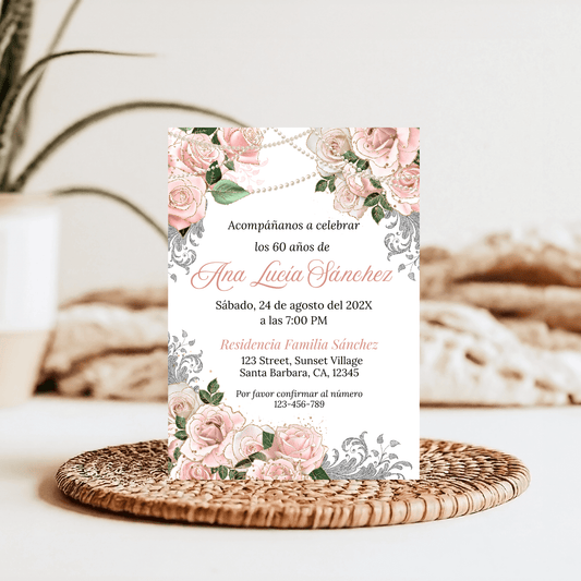 Elegant Pink Floral and Pearls Birthday Invitation in Spanish
