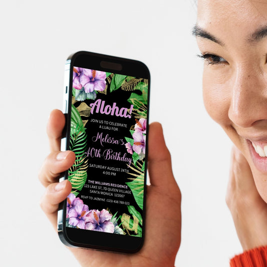 Aloha Birthday Invitation on smartphone, featuring tropical floral hibiscus and palm leaves for a Luau party.