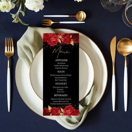Editable Red Gold Floral Menu Card Template