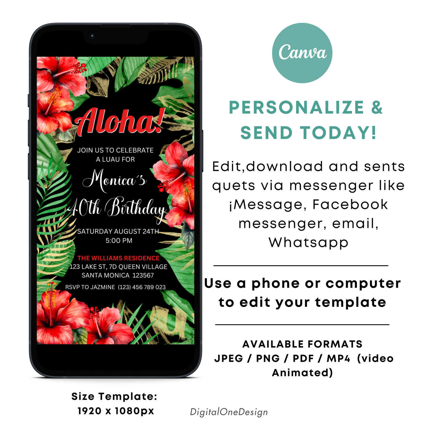 Digital Tropical Birthday Invitation featuring palm leaves and red hibiscus flowers for a Hawaiian luau party.