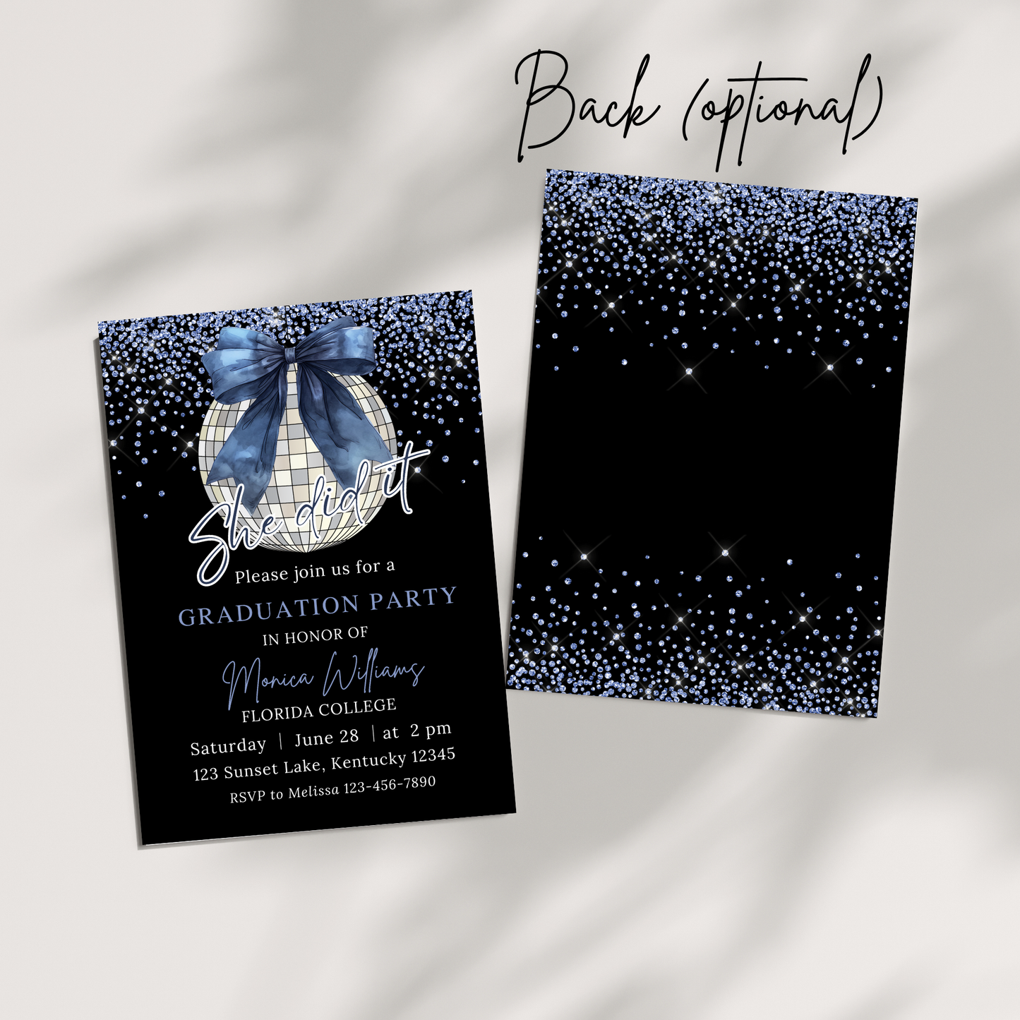 Printable Blue Glitter Disco party Graduation Invitation
