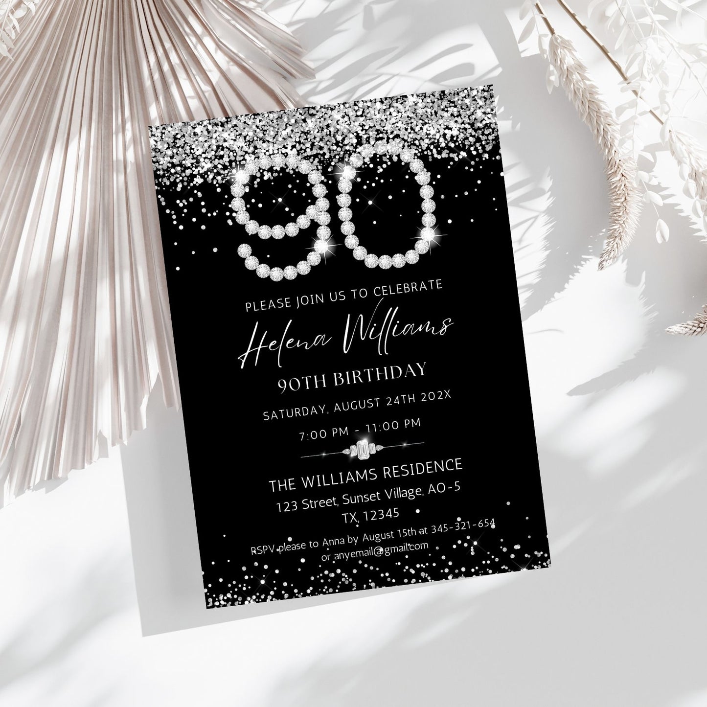 Elegant Silver Diamonds 90th Birthday Invitation