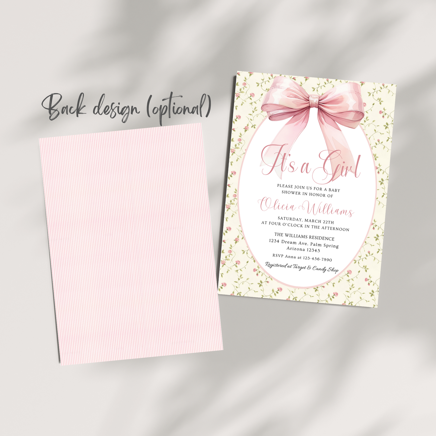 Baby shower invitation with pink bow and floral design on a gray background