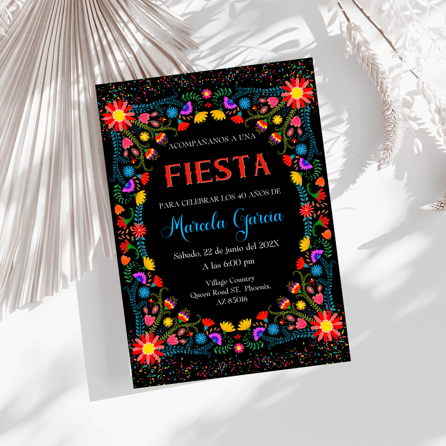 Spanish Fiesta Birthday Invitation, Editable Mexican Floral & Confetti Theme, Printable Fiesta Party Invite