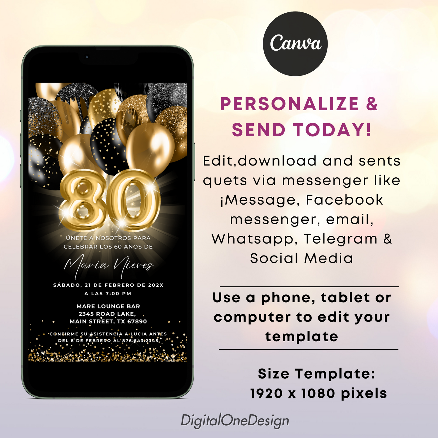 Digital invitation card for a 80th birthday celebration on a phone screen with Canva branding.